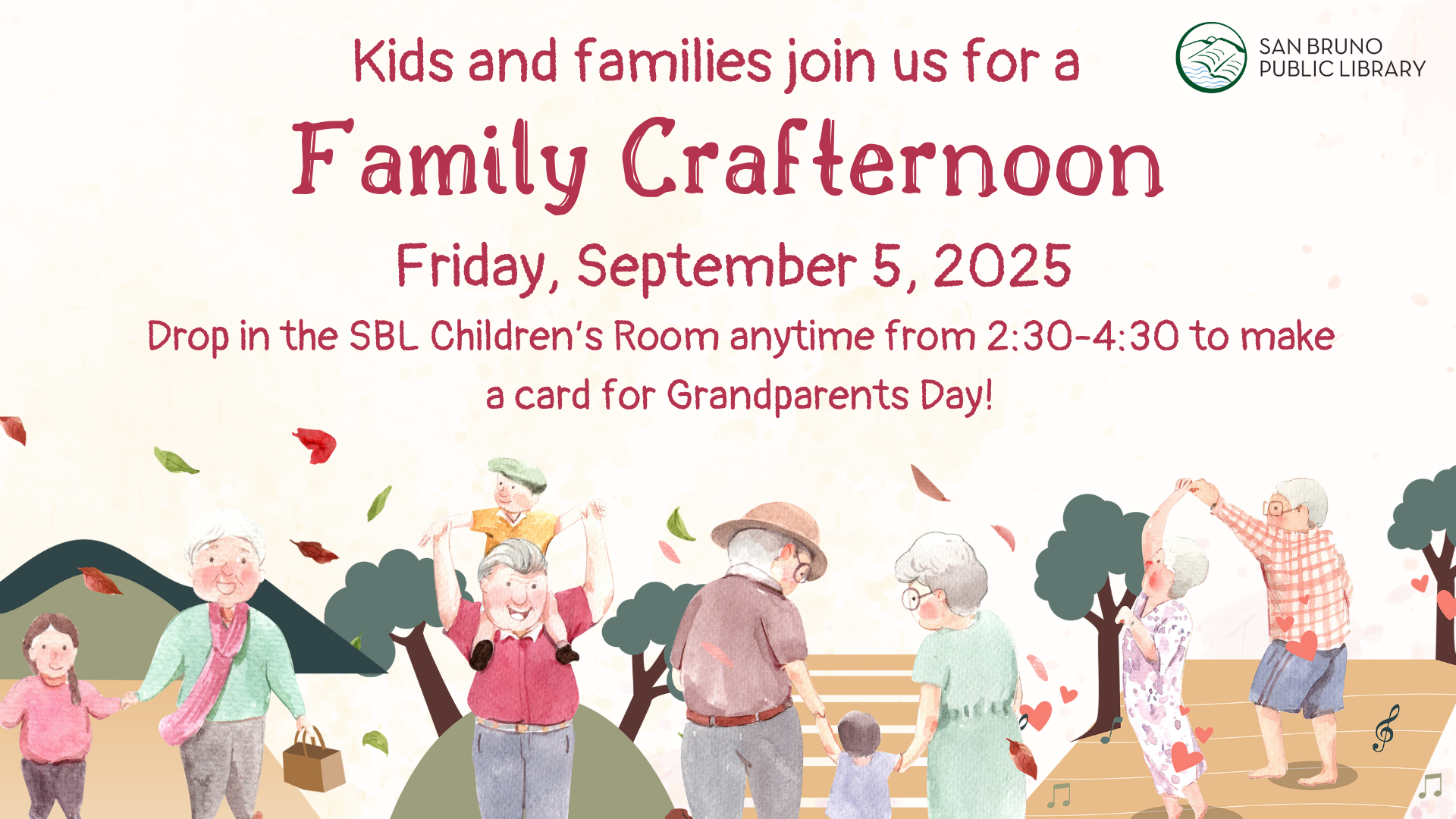 Family Craft, 9/5, Drop in anytime 2:30PM-4:30PM Children's Room to make a Grandparents Day c